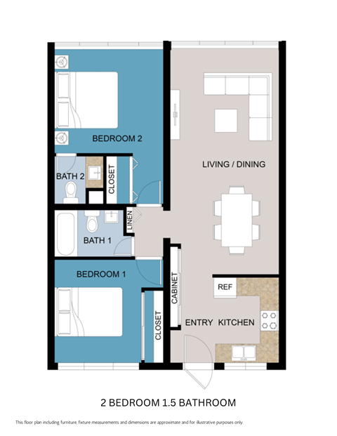 Floor plan for 2 beds, 1.5 baths, 778 sqft